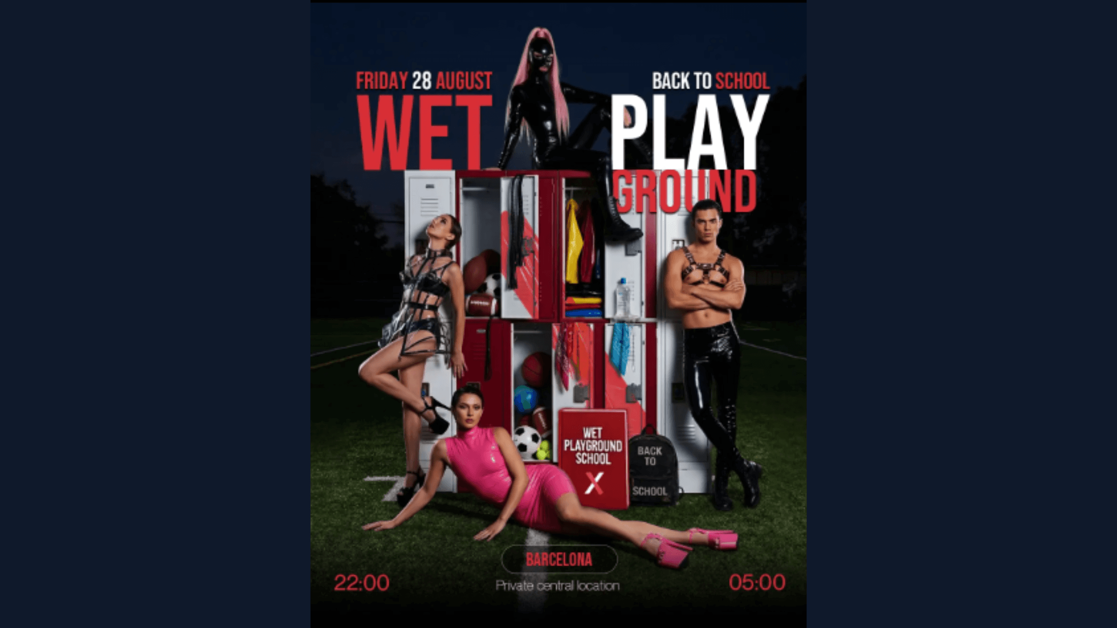 Cartel promocional de Wet Playground Back to School con temática escolar y ambiente sex positive