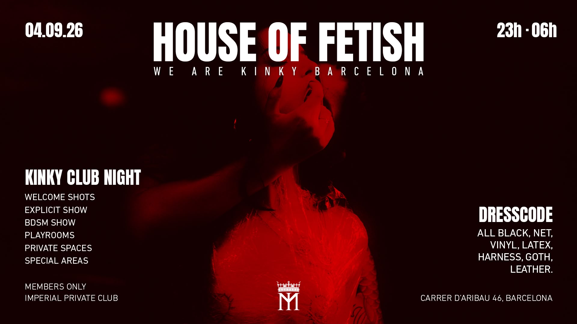 Flyer de House of Fetish, kinky club night con BDSM y dress code fetish en Barcelona