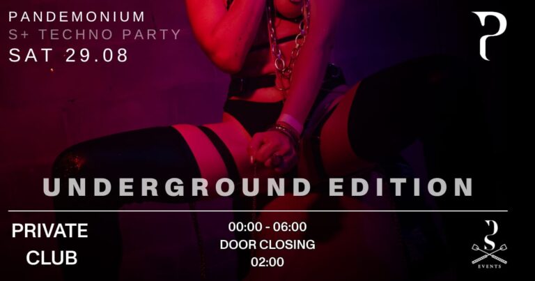 Flyer de Pandemonium Underground Edition, fiesta S+ y techno en Barcelona el 29 de agosto de 2026