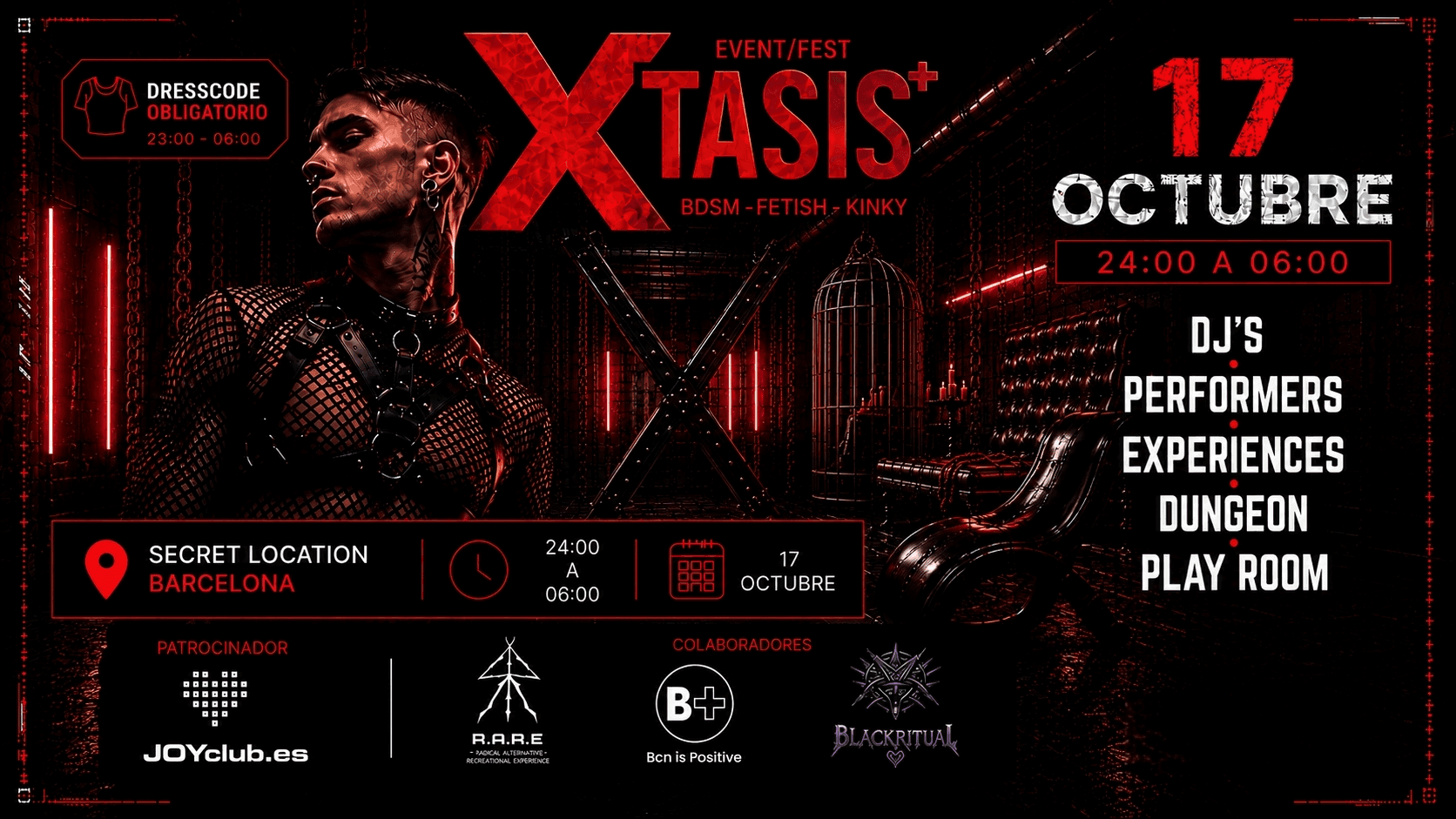 Flyer de Xtasis+, evento BDSM, fetish y kinky en Barcelona