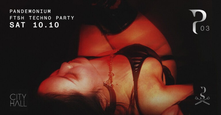 Flyer de Pandemonium anunciando su regreso a City Hall, fiesta S+ y techno en Barcelona